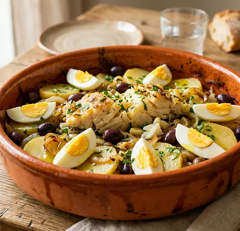 Bacalhau à Gomes de Sá med klippfisk loin og oliven