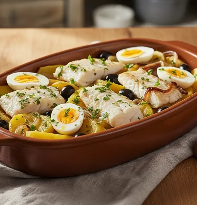 Bacalhau à Gomes de Sá med klippfisk loin og oliven