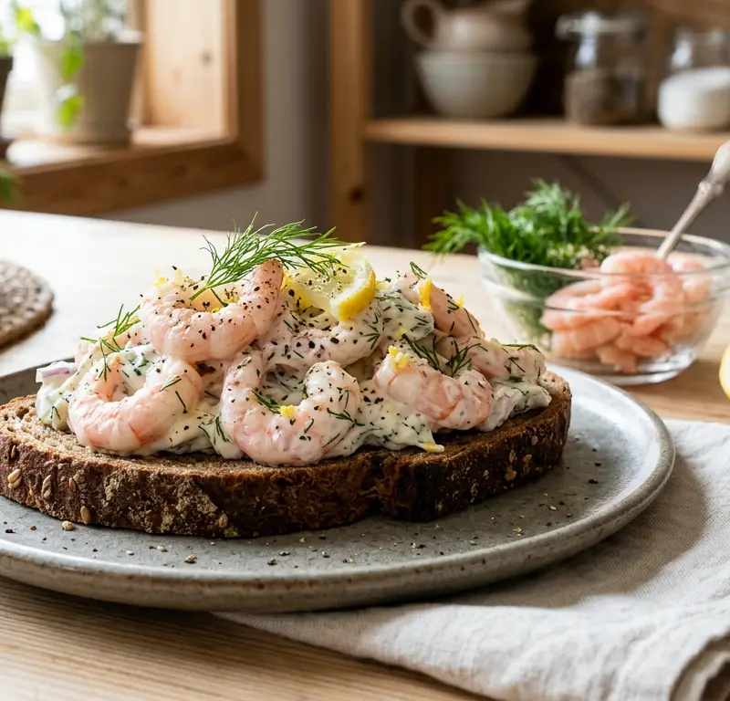 Bergensk rekesalat på smørbrød med dill og sitron