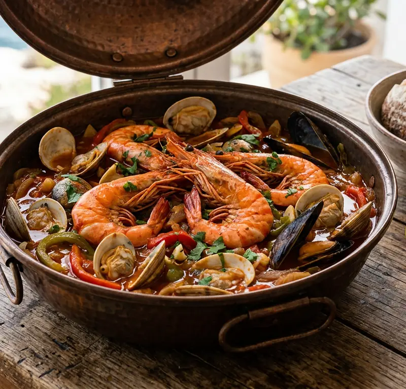 Cataplana de marisco – portugisisk scampigryte med hvitløk og koriander