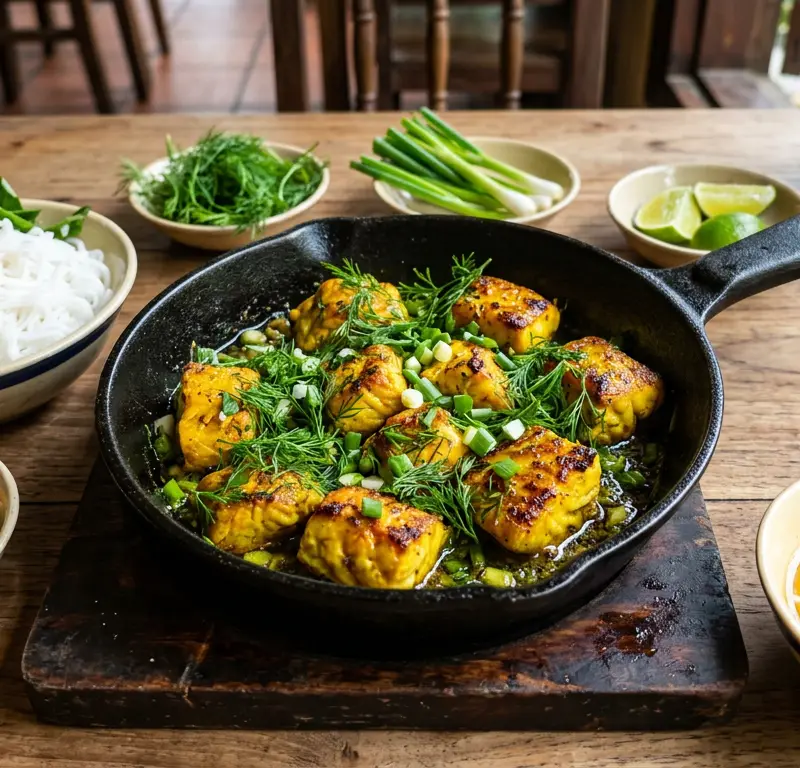 Chả cá Lã Vọng — Hanoi-stekt laks med dill og gurkemeie