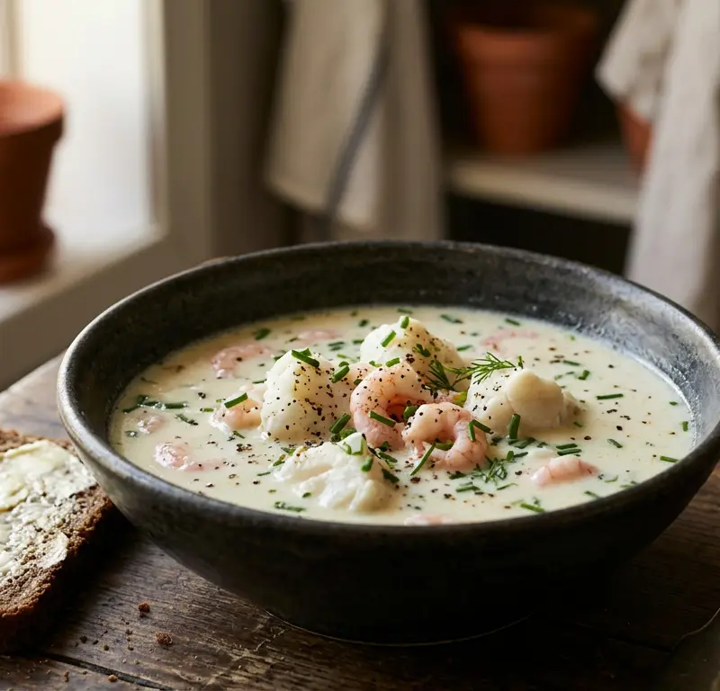 Klassisk bergensk fiskesuppe med torsk og reker