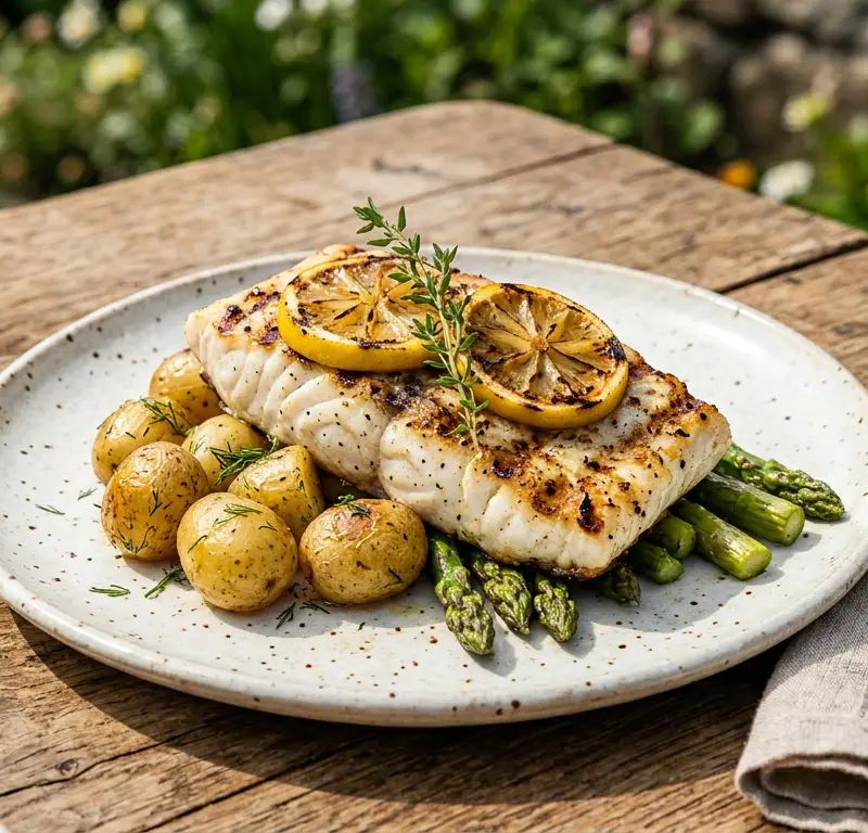 Pinsens sitrus-marinert kveite på grill