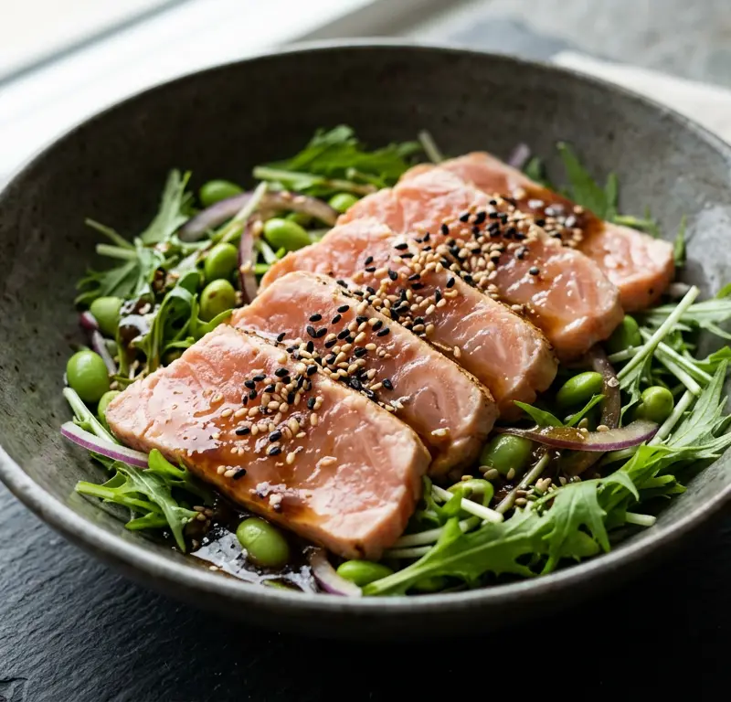 Japansk lakse-tataki-salat med ponzu (Sashimi sarada)