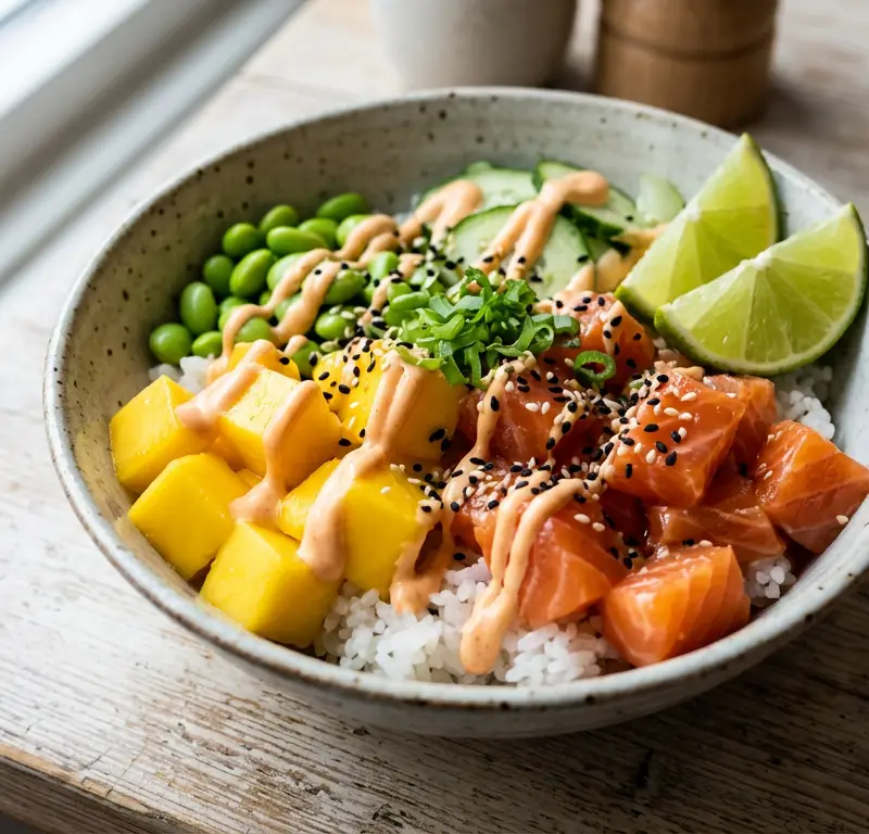 Japansk laksebowl med mango og chilimayo