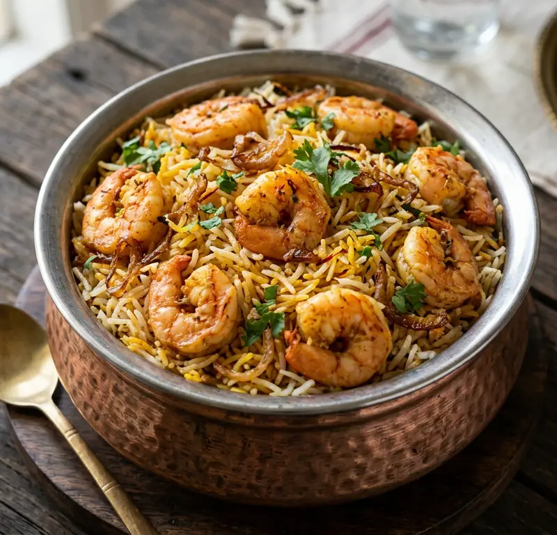 Jhinga biryani med scampi