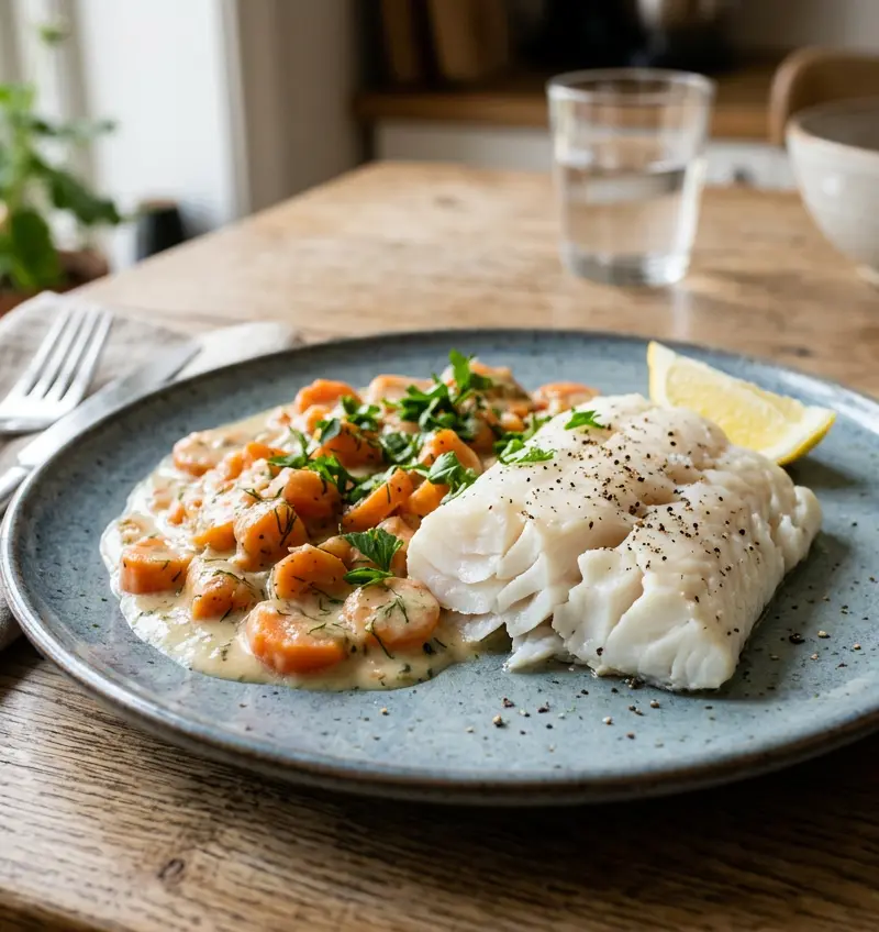 Klassisk lettsaltet torsk med gulrotstuing på 15 minutter