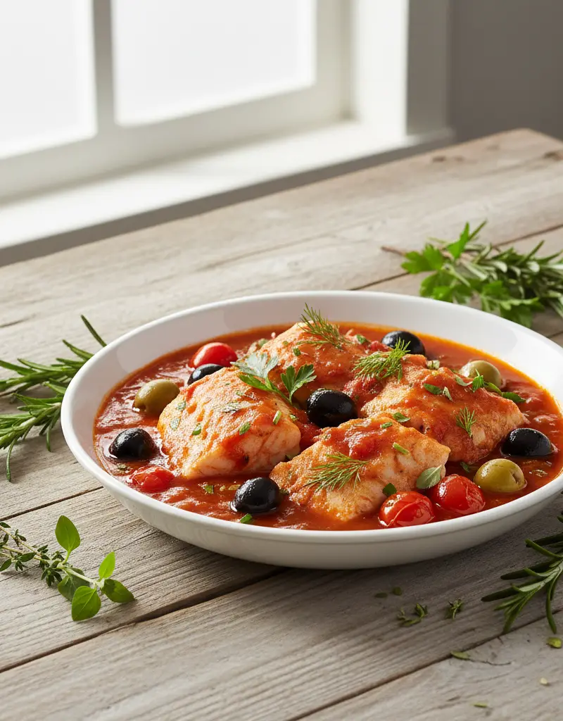 Klippfisk i tomat- og olivensaus
