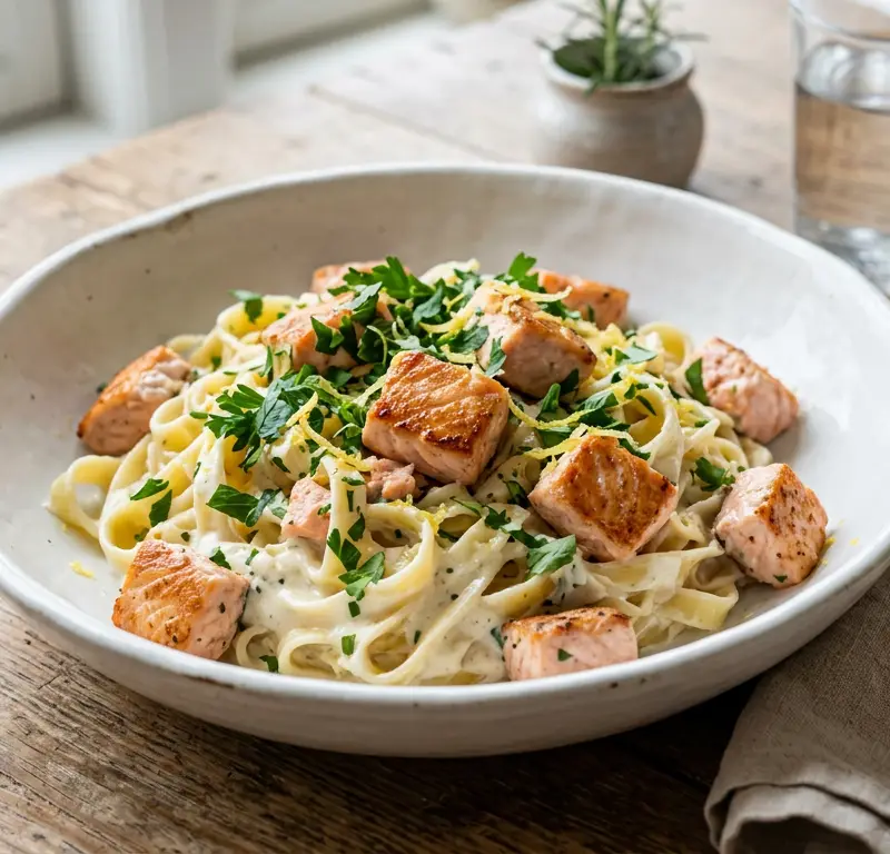 Kremet sitronpasta med laks på 15 minutter