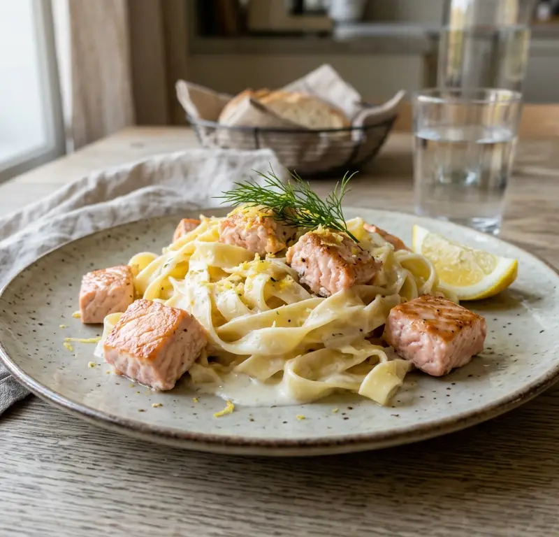 Kremet sitronpasta med laks på 15 minutter