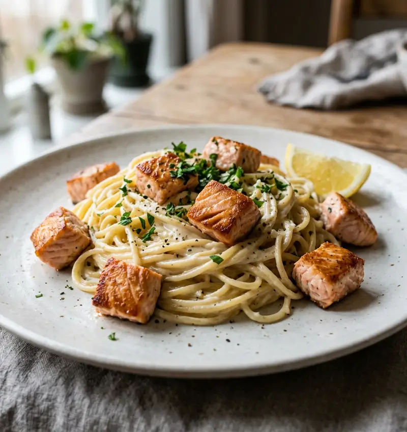 Kremet sitronpasta med laks på 15 minutter
