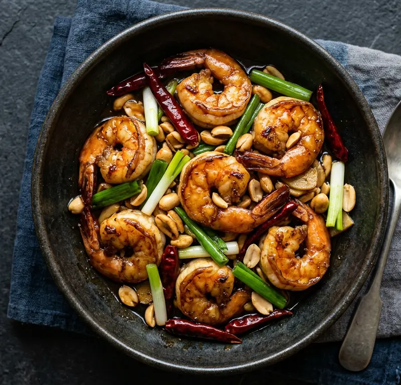 Kung pao-scampi med peanøtter og tørket chili