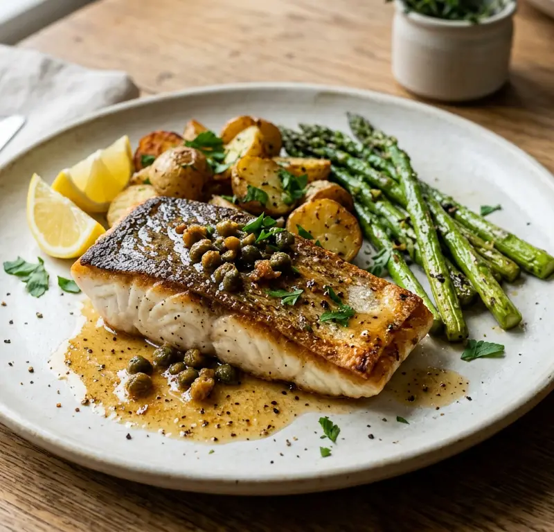 Elegant kveite med brunet smør, kapers og sitron