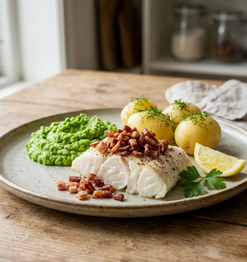 Klassisk lettsaltet torsk med ertepuré på 15 minutter