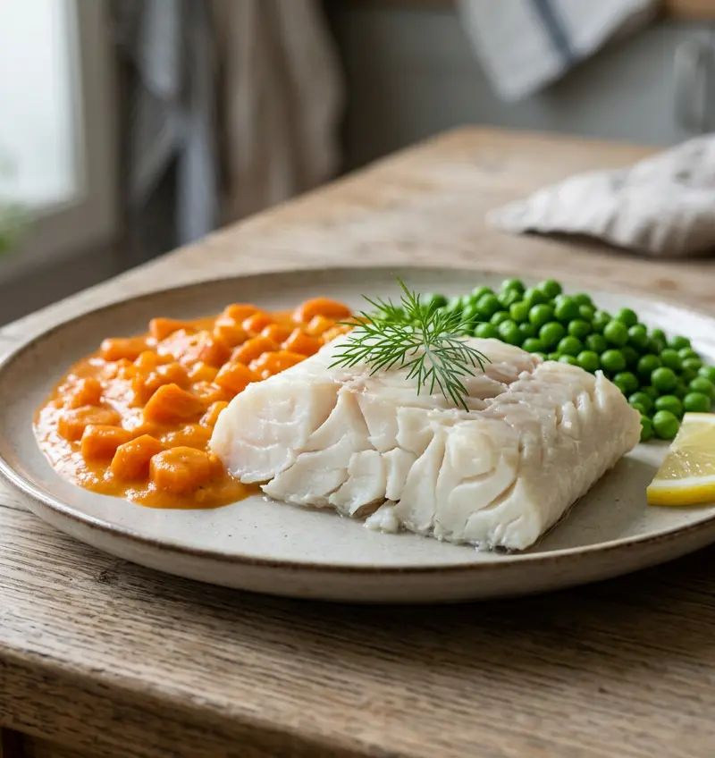 Klassisk lettsaltet torsk med gulrotstuing på 15 minutter