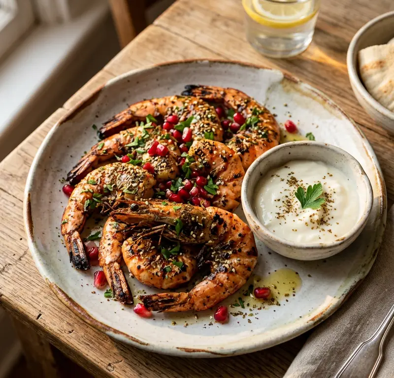 Libanesiske grillede scampi med toum, za'atar og granatepleyoghurt (Karides bil toum)