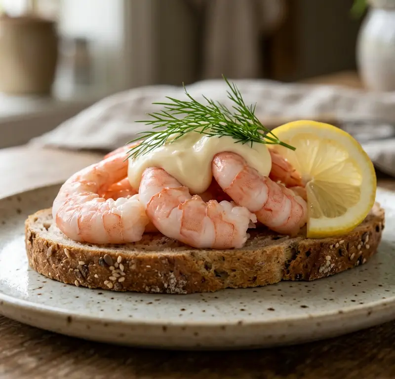 Klassisk luksusrekesmørbrød med XXXL-reker