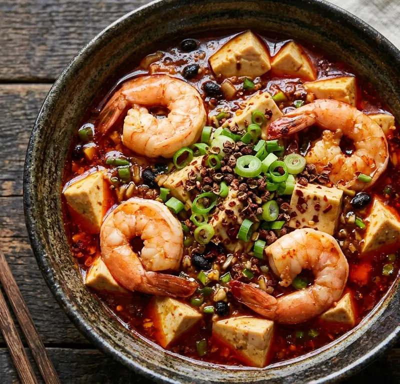 Sichuan-stil mapo-tofu med scampi (Mapo Doufu Xia)