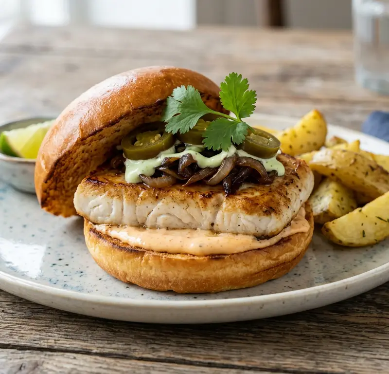 Meksikansk seiburger med chipotle-dressing og lime-crema