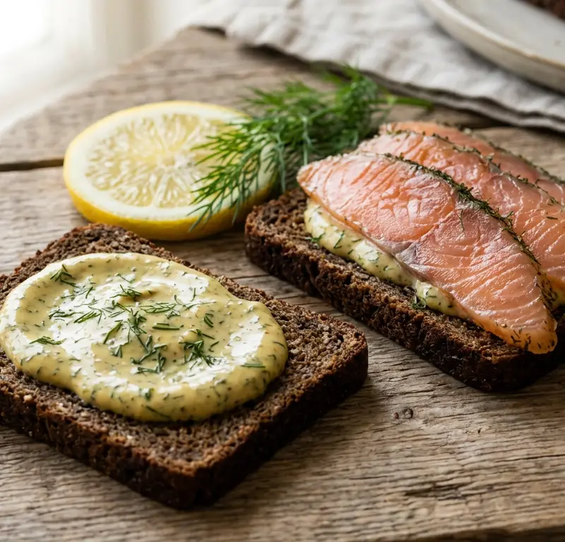 Pinsehelgens gravlaks med sennepsdressing og rugbrød