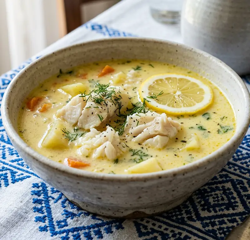Psarosoupa avgolemono – gresk fiskesuppe med sei loin