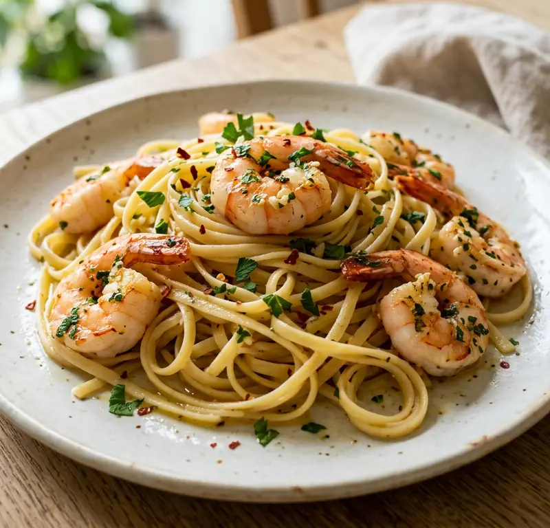 Hvitløksmarinerte scampi med pasta