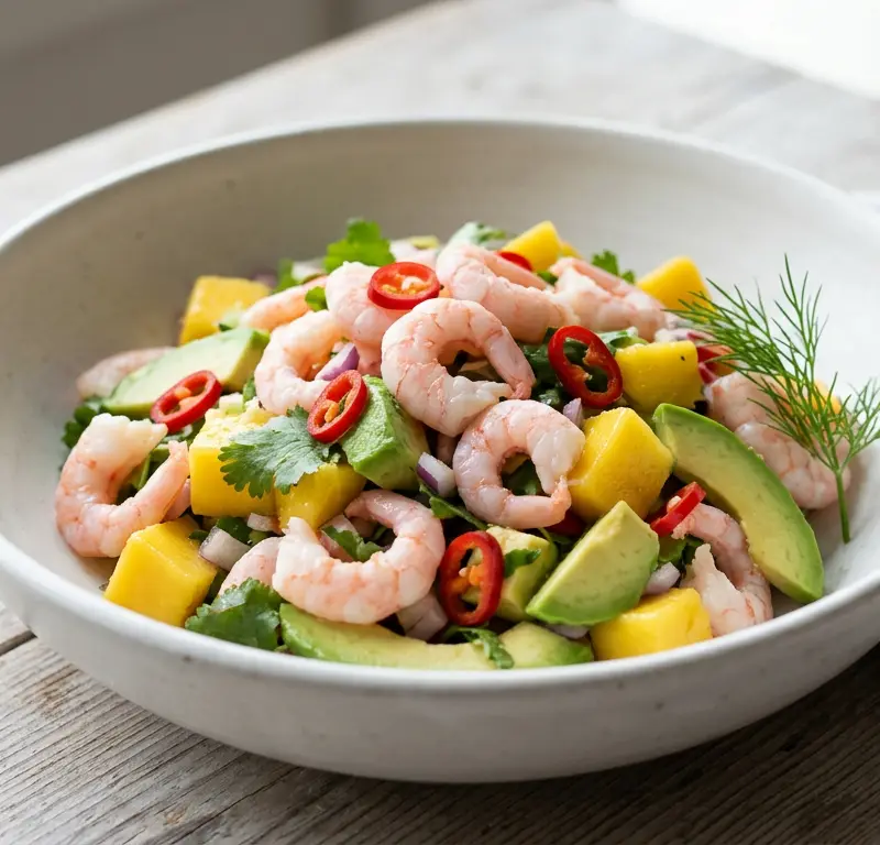 Frisk salat med grønlandsreker og mango på 10 minutter