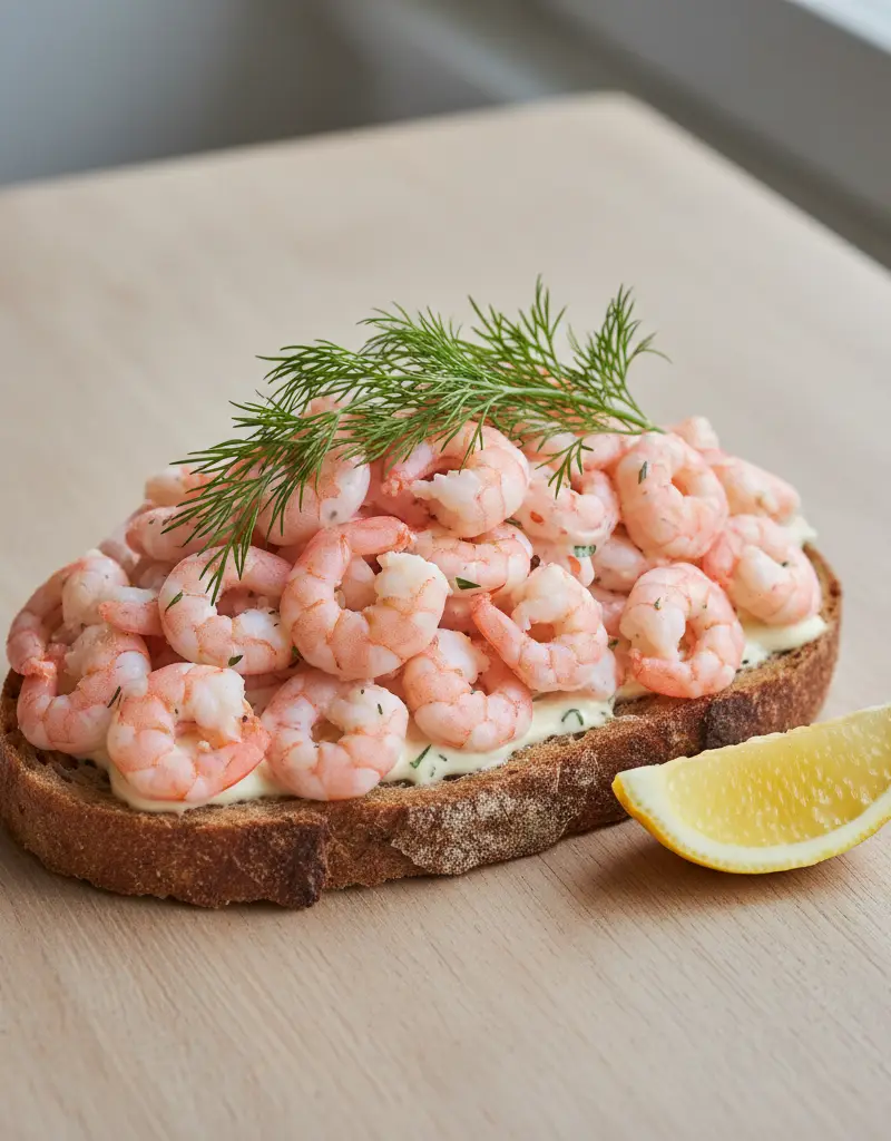 Klassisk rekesmørbrød med eggerøre og dill