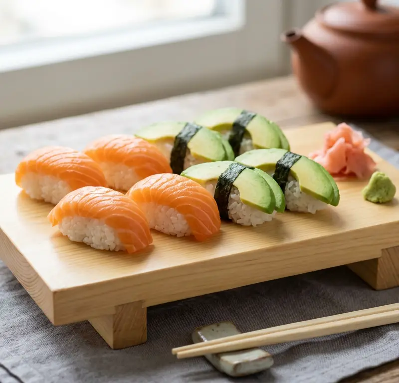 Autentisk sake sushi med laks og avokado