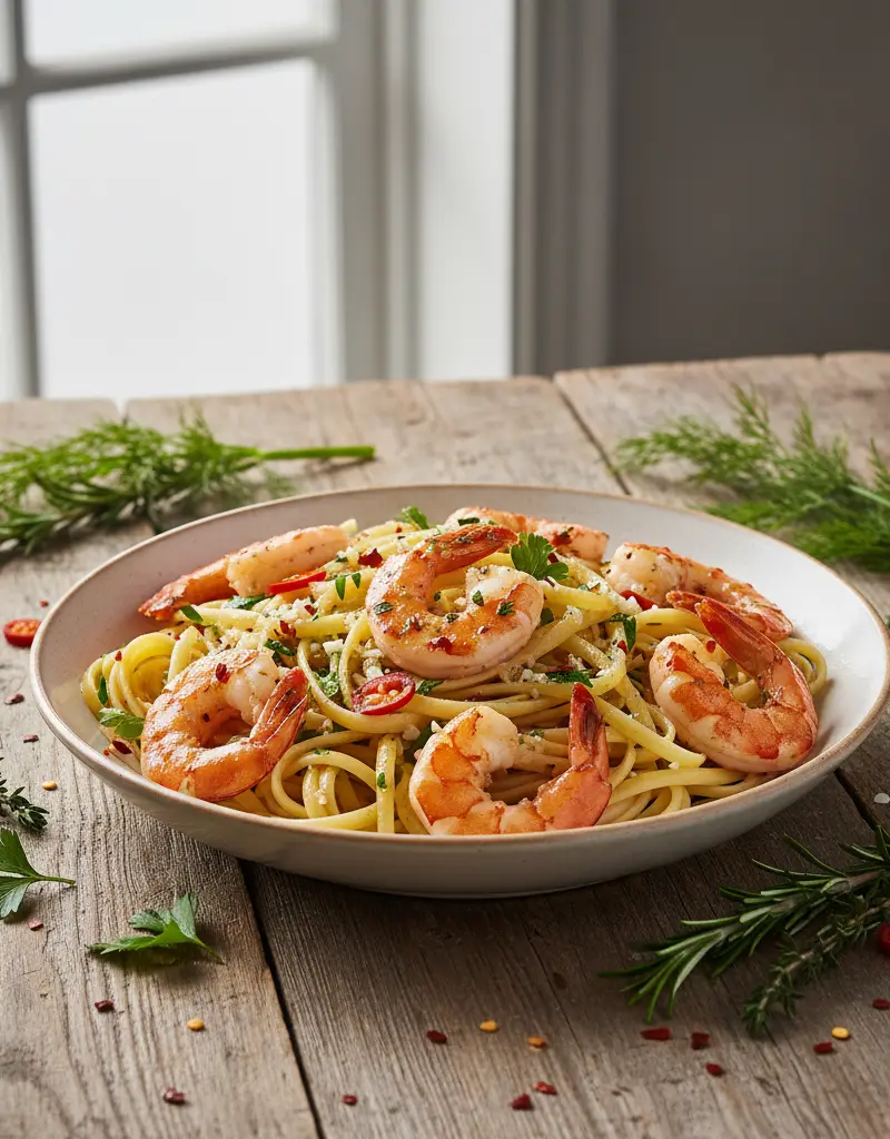 Italiensk scampi-pasta med hvitløk og chili