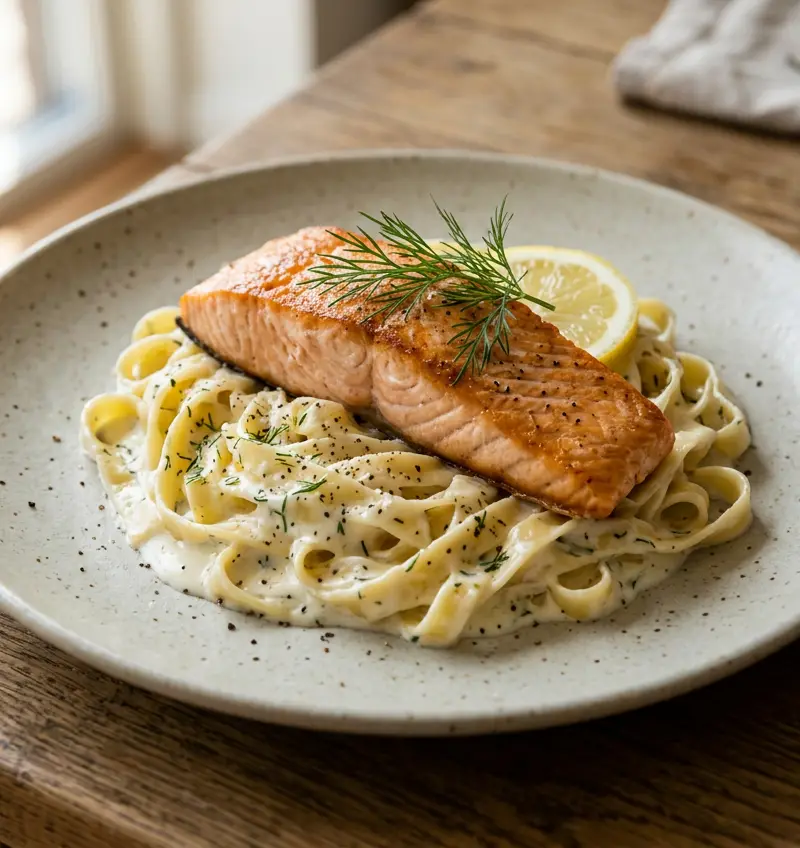 Kremet sitronpasta med stekt laksefilet