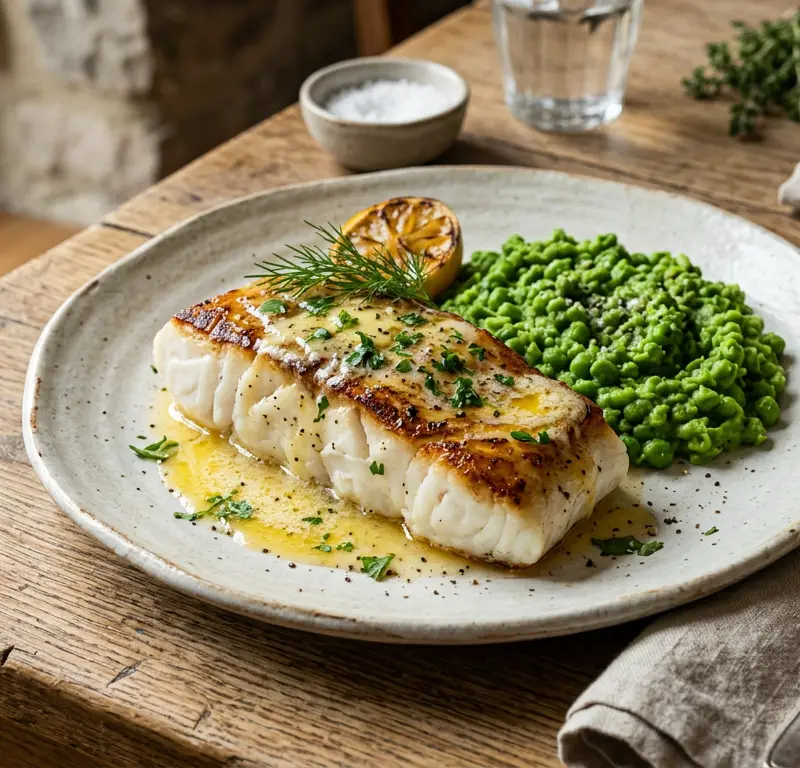 Smørstekt skrei loin med rotgrønnsaker og persillesmør