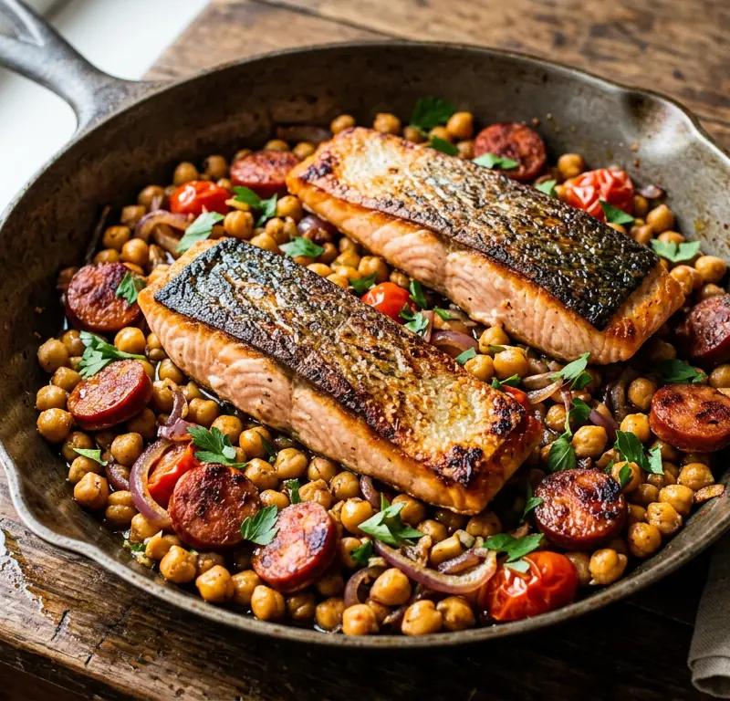 Spansk laksepanne med chorizo og kikerter