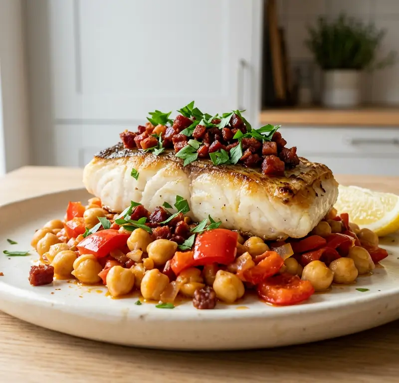 Spansk skreipanne med chorizo og kikerter