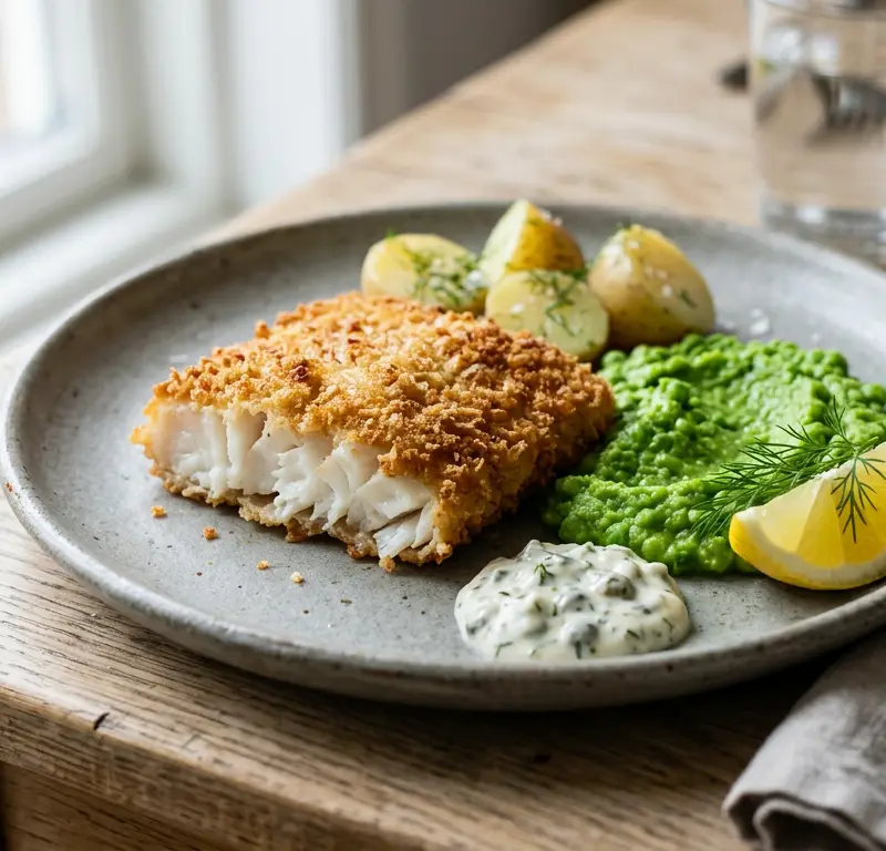 Klassisk sprøbakt torsk med ertestuing på 15 minutter