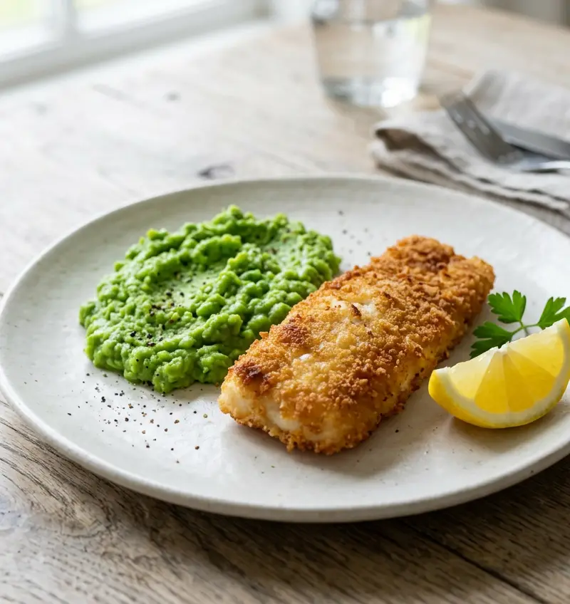 Sprøbakt torsk med kremet ertepuré på 15 minutter
