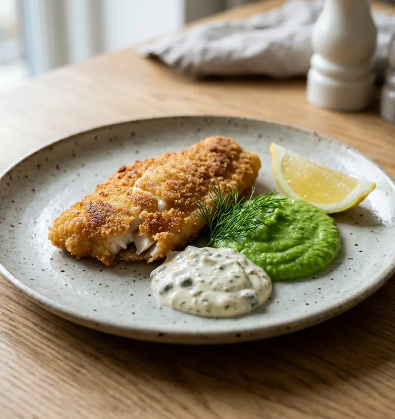 Sprøbakt luksustorsk med frisk ertepuré på 15 minutter