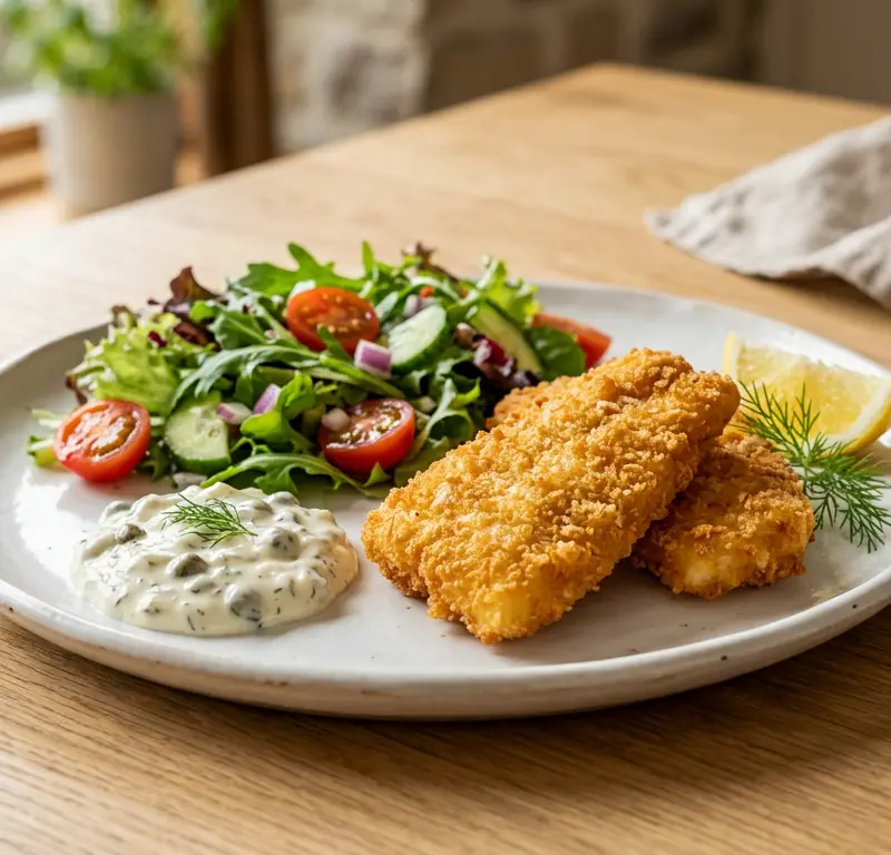 Sprøbakt luksustorsk med tartarsaus på 15 minutter