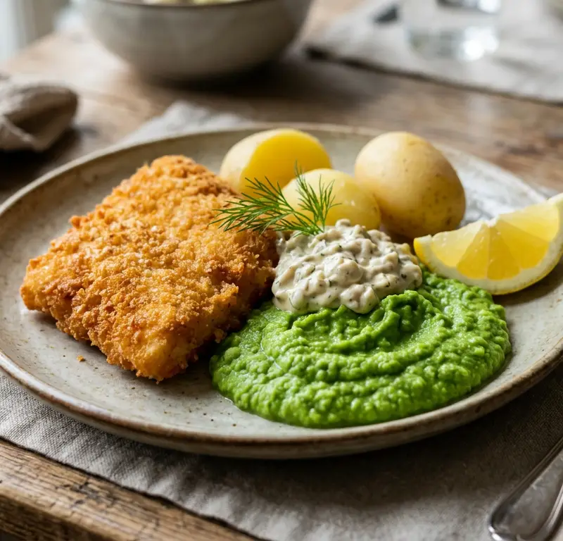 Sprøbakt luksustorsk med ertepuré på 15 minutter