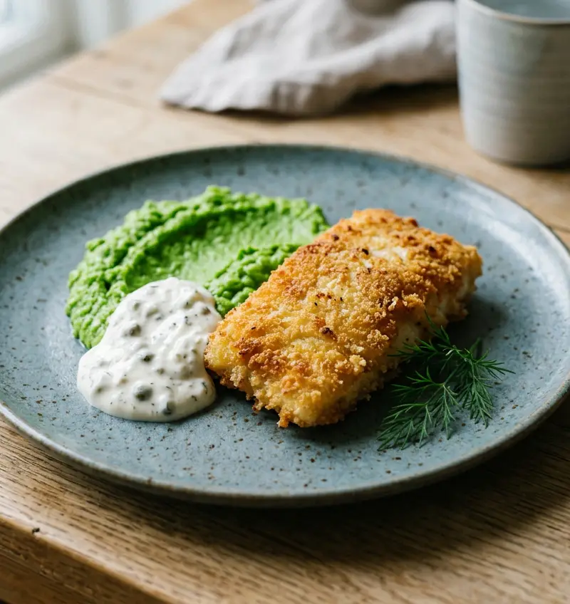 Sprøbakt luksustorsk med ertepuré på 15 minutter