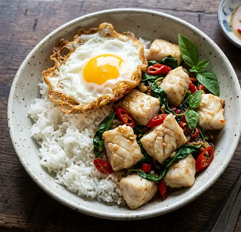 Pad krapow pla — thai basilikum-wok med torsk