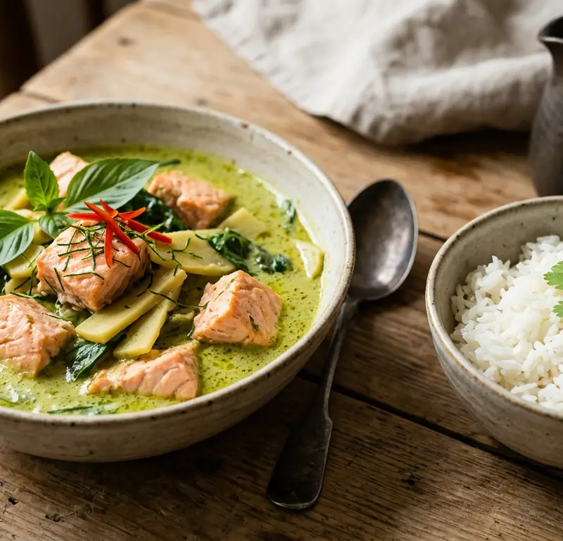 Thai grønn karri med laks og bambusskudd