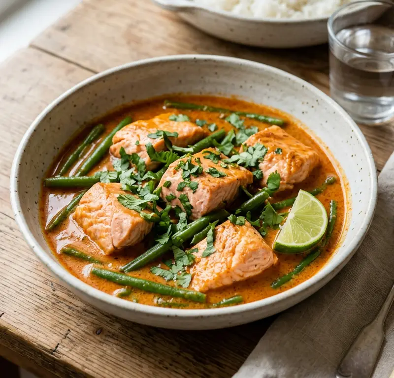 Thai-inspirert rød curry med laks på 15 minutter