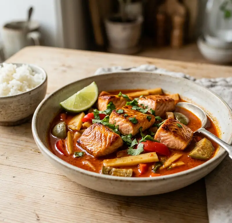Thailandsk rød curry med laks på 15 minutter