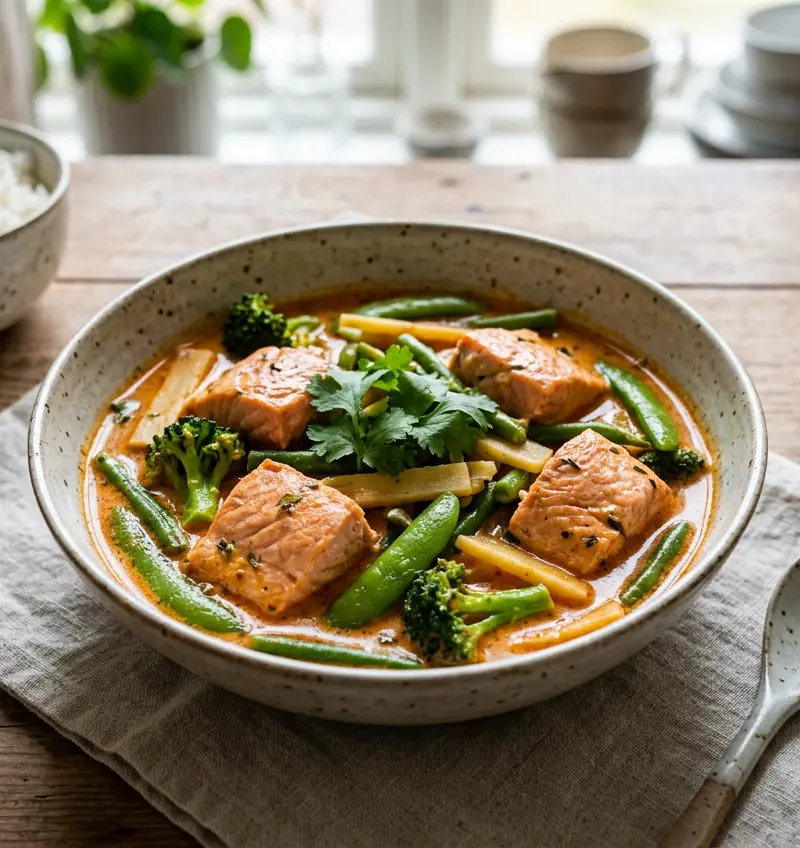 Thailandsk rød curry med laks på 15 minutter