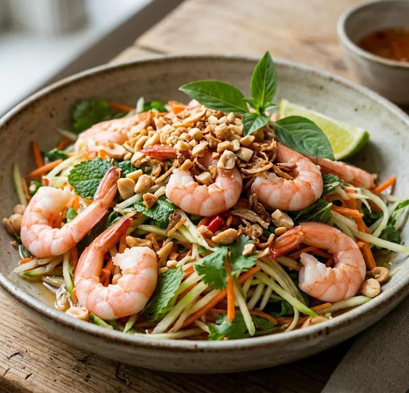 Goi tom — vietnamesisk rekesalat med nuoc cham